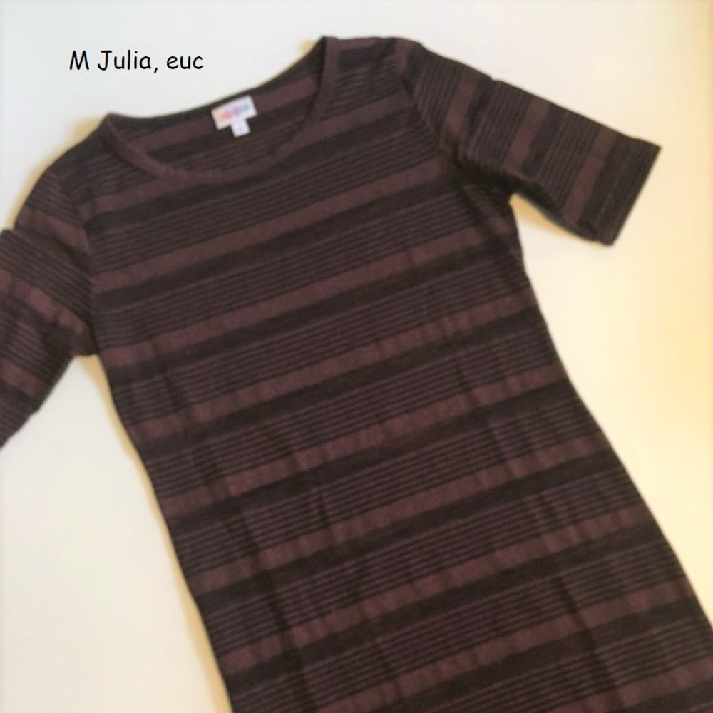M Lularoe Julia sheath dress, dark maroon with stripes